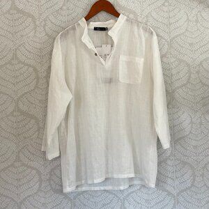 NWT Linen Blend White Roll Tab Sleeve Button V-Neck Pullover Tunic, Cover-Up
